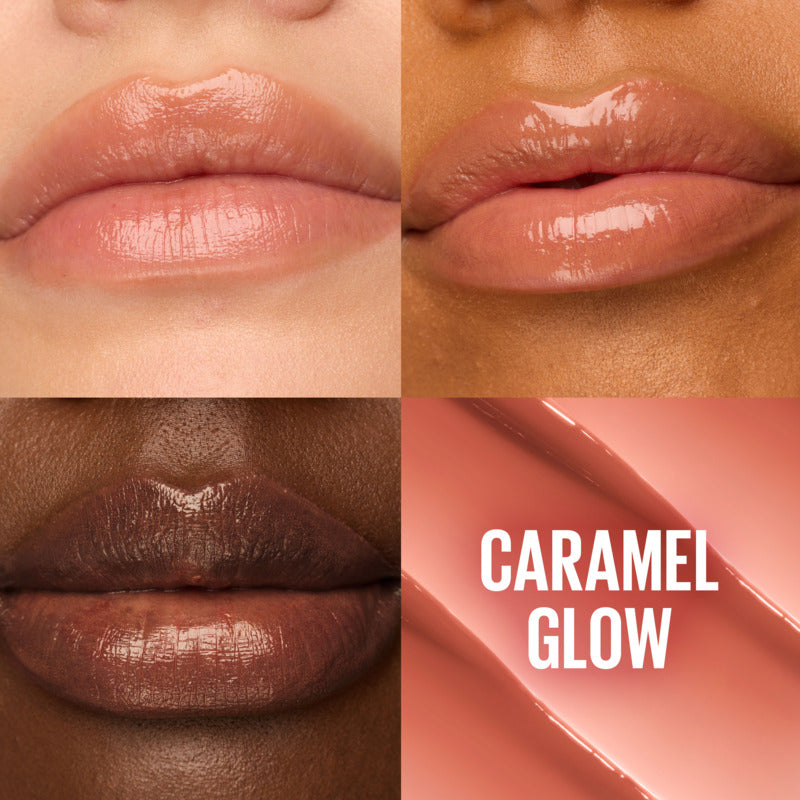 Collage of lips with different shades of lip gloss labeled 'Caramel Glow'.