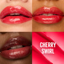 Collage of close-up images of glossy red lips on different skin tones with 'Cherry Swirl' text.
