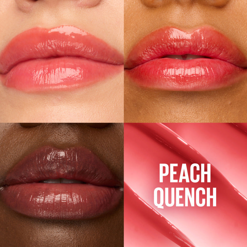 Lipstick shades on different skin tones with 'Peach Quench' text.