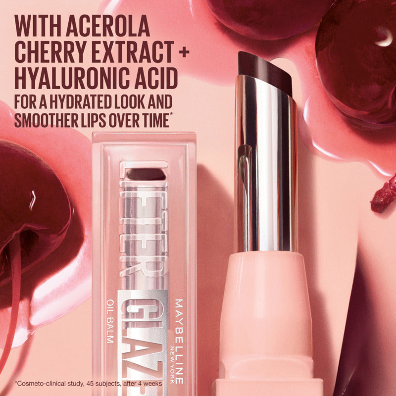 Lip balm with text about Agerola cherry extract and hyaluronic acid on a pink background.