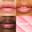 Collage of lips with different shades of pink lip gloss and a pink container labeled 'Pink Drip'.