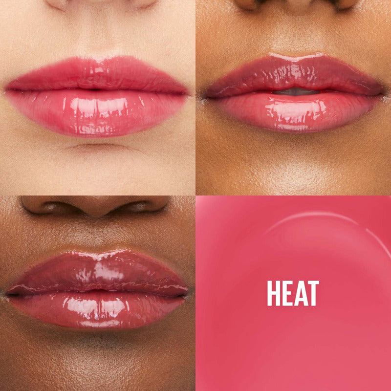 Close-up of lips with a pink lip color labeled 'HEAT' on a white background