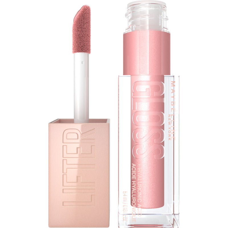 Lip gloss with applicator and packaging on a white background