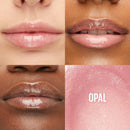 Lip gloss shades on different skin tones with a close-up of 'Opal' shade.