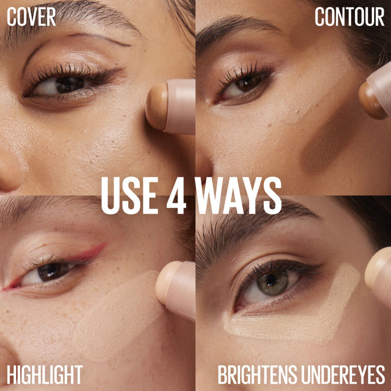 Makeup product being used on a person's face with text indicating 'Cover', 'Contour', 'Highlight', and 'Brightens Undereyes'.