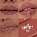 Lipstick shade 101 Upstate Satin shown on lips with close-up of color swatch.