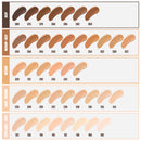 Makeup color swatch chart with various shades of brown and beige.