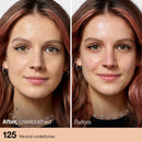 Before and after comparison of a woman's face with neutral undertones.