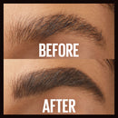 Before and after comparison of an eyebrow treatment on a person's face.