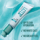 Maybelline Jelly tube with hydration benefits text on a blue gel background