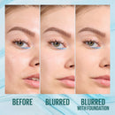 Before and after comparison of a woman's face with blurred and foundation-blurred effects.