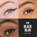 Close-up of eyes with different eye makeup shades labeled '016 Black Blur'.