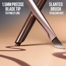 Two makeup brushes with text describing their features on a beige background