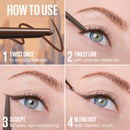 Instructions on how to use an eyebrow pencil with close-up shots of an eye and eyebrow.