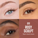 Close-up of eyes with different eye makeup shades labeled '011 Rosy Sculpt' on a brown background.