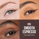 Four eye close-ups with different skin tones and a label for '015 Smooth Espresso' color swatch.
