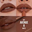 Lipstick swatches on lips with 'Avenue A' branding