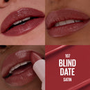 Lipstick shade 107 'Blind Date Satin' applied on lips with close-up views.