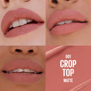 Lipstick shade swatch labeled 'Crop Top Matte' with close-up of lips wearing the color.