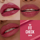 Lipstick shade 108 Fit Check Satin shown on different skin tones with a close-up of the lipstick.