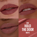 Lipstick shade 006 'Hold the Door' on lips with close-up and swatch.