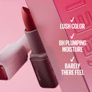 Maybelline lipstick with pink background and product features text