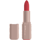 Lipstick with beige casing and red shade on a white background