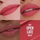 Lipstick shade 003 'Open Late Matte' applied on lips with close-up views.
