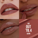 Collage of lips wearing a satin lipstick with color swatch labeled '102 Out 'Til 4 Satin'.