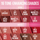 Lip color swatches with names labeled on a pink background