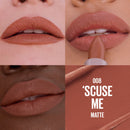 Lipstick shade 008 'Scuse Me Matte applied on lips with close-up details.