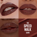 Lipstick shade 105 Speed Walk Satin shown on different skin tones with a close-up of lips.
