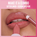 Lipstick application on lips with text 'Make it a combo Lifter Liner + Serum Lipstick' on a pink background