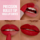 Lipstick application on lips with text highlighting precision bullet tip feature.