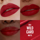 Collage of red lipstick on lips with '004 Wild Card Matte' text.