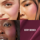 Close-up of a woman's face with 'Berry Brunch' makeup, showing different skin tones.