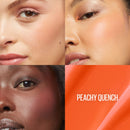 Close-up of a woman's face with 'Peachy Quench' text on an orange background