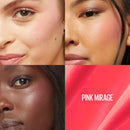 Close-up of a woman's face with blush application, showing the 'Pink Mirage' color swatch.