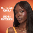 Woman with text about a cosmetic product on an orange background