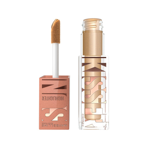 Makeup highlighter with applicator and packaging on a white background
