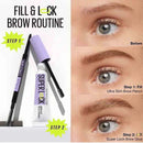 Super L道K brow product with an eye showing a before and after effect of using the product.