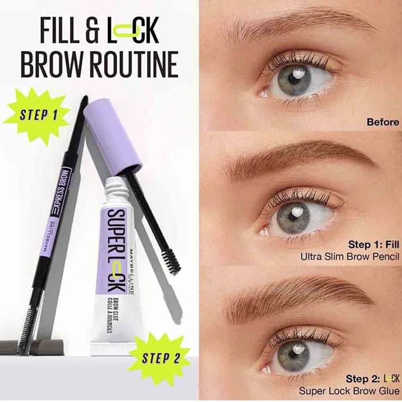 Super L道K brow product with an eye showing a before and after effect of using the product.