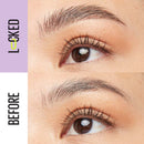Before and after comparison of eyebrows with 'LOOKED' text on a purple background.