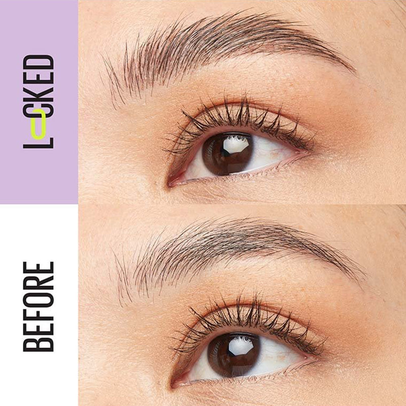 Before and after comparison of eyebrows with 'LOOKED' text on a purple background.