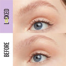 Before and after comparison of an eye with a purple background and text.