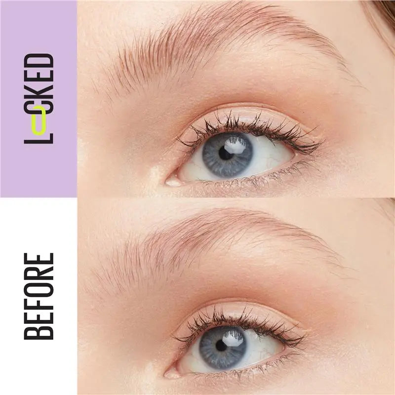 Before and after comparison of an eye with a purple background and text.