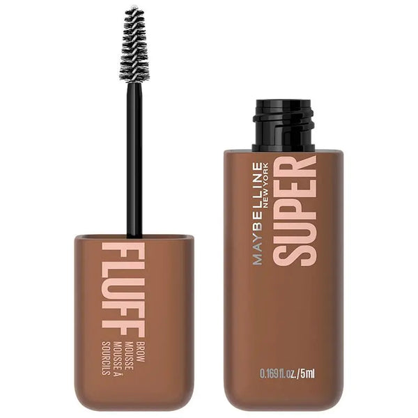 Maybelline Super Fluff brow mousse and pomade on a white background