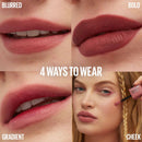 Lipstick application on lips with text indicating '4 ways to wear' and a close-up of a woman applying lipstick.