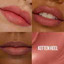 Lipstick swatches on different skin tones with 'Kitten Heel' brand name.