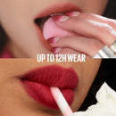 Lipstick application with text 'Up to 12hr wear' on a close-up of lips.